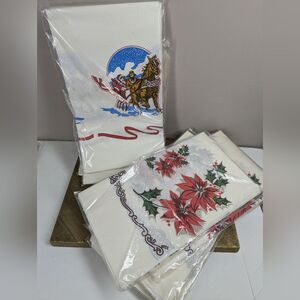 Vintage Christmas Paper Tablecloths – Lot of 7 – 54x72 Poinsettia & Horse Sleigh